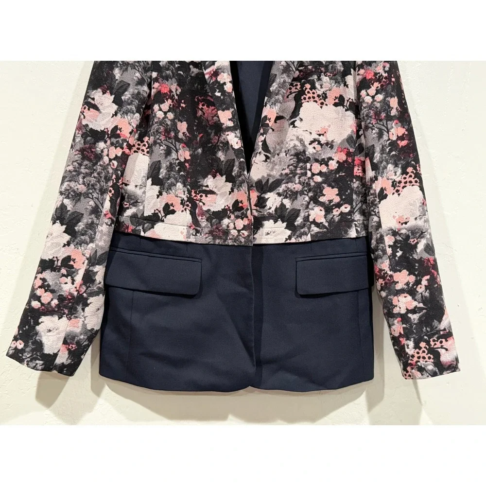 Club Monaco Floral Jacquard Mixed Media Navy Wool Blend Blazer 10 00701712